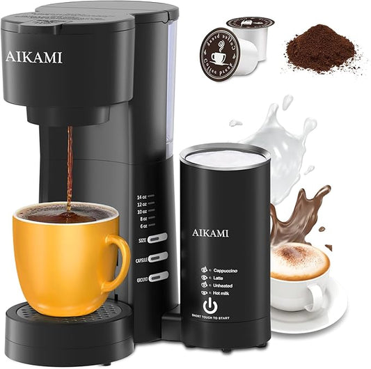 Single Serve Coffee Maker for K Cup & Ground Coffee with Milk Frother, 6 to 14 Oz Brew Sizes, Auto-Off Coffee Machine with Water Reservoir