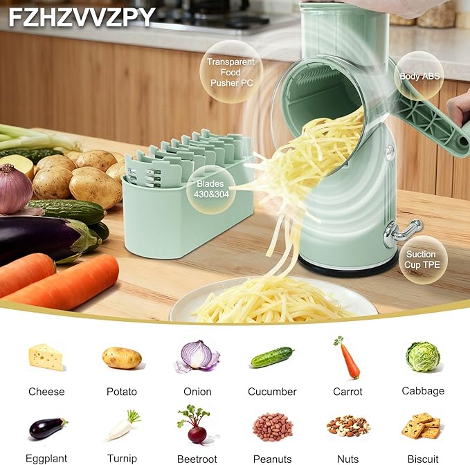 5 in 1 Cheese Grater with Rotary Hand Crank - Vegetable Chopper with Replaceable Stainless Blades, Strong Suction Base, Handle, Blade Storage Box, Easy-Clean Multipurpose Kitchen Slicer (Green)