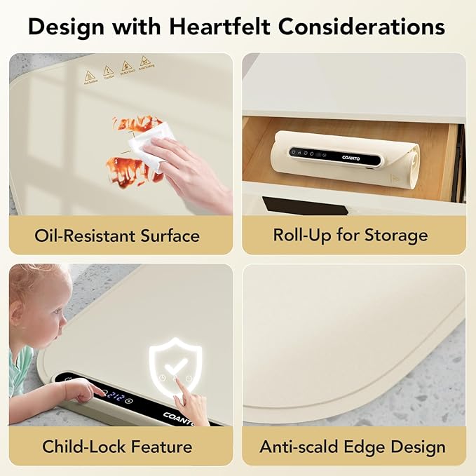 Coanto Food Warming Mat, Electric Warming Tray for Buffets & Parties, Silicone Heating Mat with 7 Temperature Settings, Roll-Up Storage, 17.91"x12.8", Beige