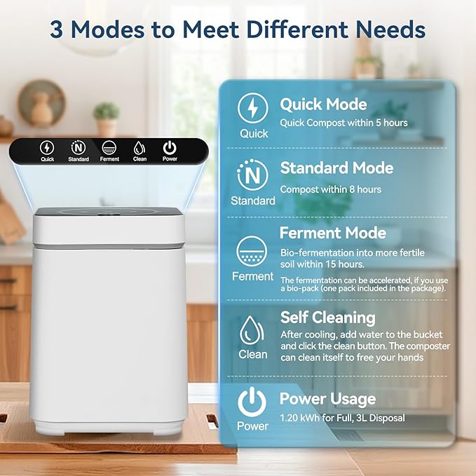 3L Kitchen Smart Electric Countertop Composter with LED Display and Auto-Cleaning, Turns Food Waste into Fertilizer with Replaceable Carbon Filter, Bio-Pack for Fermentation