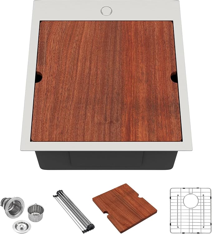 Lordear 21x20x10 Inch Drop in Kitchen Bar Sink - 16 Gauge Stainless Steel Single Bowl Workstation, Topmount Over Counter, for Wet Bar/Prep/Small Kitchen with Cutting Board
