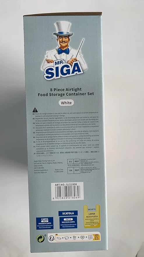 MR.SIGA 8 Piece Airtight Food Storage Container Set, BPA Free Kitchen Pantry Organization Canisters, One-handed Airtight Plastic Containers with Lids for Cereal, Spaghettie, Pasta,White