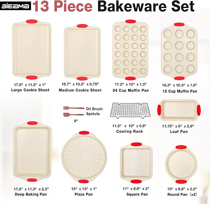 13-Piece Baking Pans Sets, Nonstick Bakeware Sets, BPA-Free Carbon Steel Stackable Bakeware Set, Cream