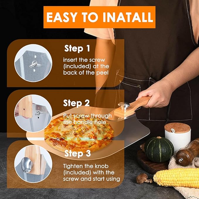Pizza Peel 12 x 14 Inch, Aluminum Metal Pizza Paddle, Pizza Spatula with Foldable Wooden Handle, Easy Storage, Pizza Spatula Paddle, Pizza Oven Accessories, Pizza Cutter & Pizza Shovel Included