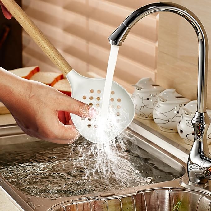 Silicone Cooking Utensils Set - 446°F Heat Resistant Silicone Kitchen Utensils for Cooking,Kitchen Utensil Spatula Set w Wooden Handles and Holder for Non-Stick Cookware, BPA FREE (Cream White)