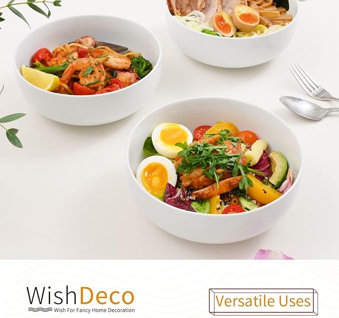 Large Soup Bowls Set of 3, Ceramic Salad Bowls 37 oz, White Pasta Bowls 7 inch, Serving Bowl for Cereal, Noodle Ramen, Pho, Fruit