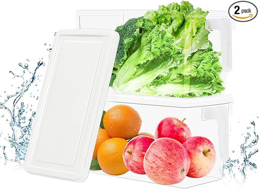 2 Pack Lettuce Keeper for Refrigerator, Stackable Fruit Storage Containers for Fridge, Produce Vegetable Storage Containers, Kitchen Organization for Food Salad, with Handles, Lids