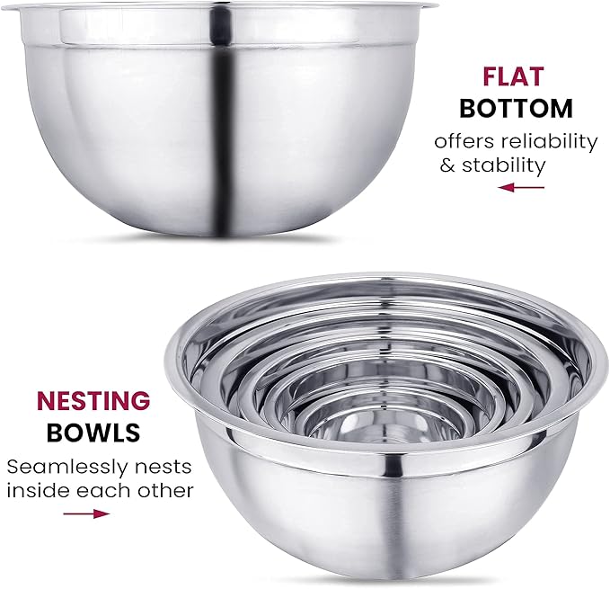 Vinod Cookware Stainless Steel Mixing Bowls with Lids - Heavy Duty Flat Bottom Stackable Mixing Bowl Set - Bowls for Meal Prep, Cooking, Mixing & Serve - Space Saving & Easy Clean - Set of 5