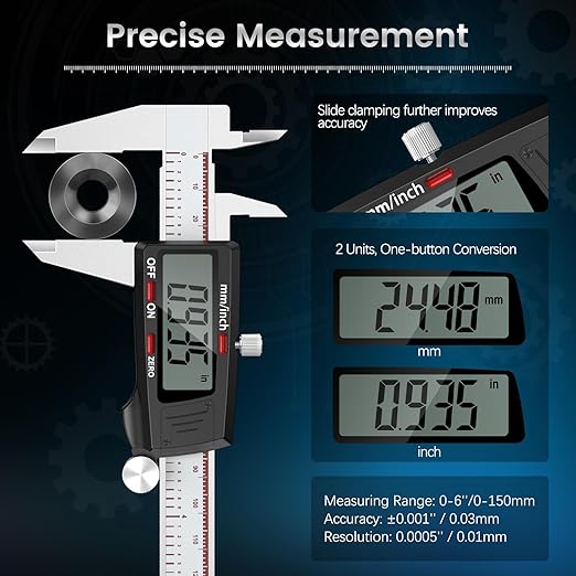 Housolution Digital Caliper 6 Inch, Caliper Measuring Tool with Large LCD Screen, Inch/MM, 4 Measuring Ways, Auto-Off LCD Stainless Steel Micrometer Vernier Caliper for Printing Jewelers Woodworkers
