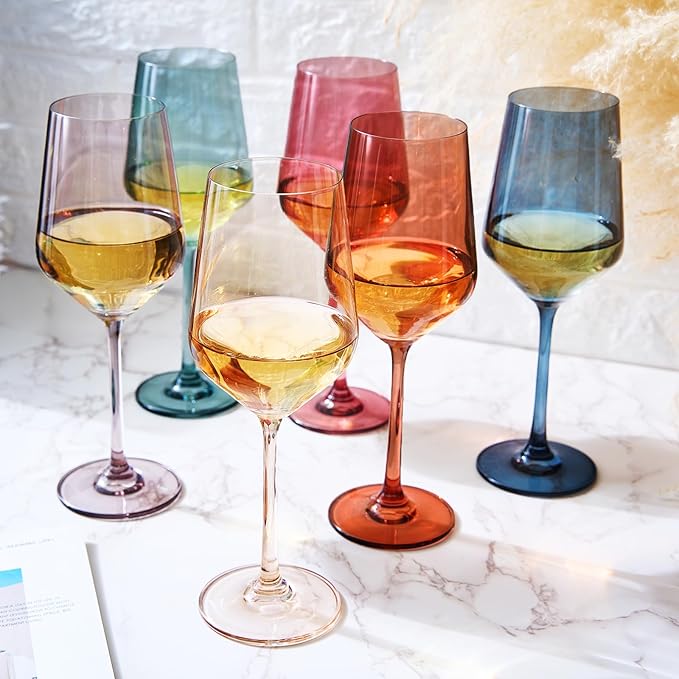 Colored Crystal Wine Glasses - Water & Wine 12oz | Set of 6 | Cute Pastel Muted Crystal Cocktail Glassware, Unique Gift Wife, Her, Mom, Friend Goblet Cocktails, Red & White Tall Stemmed Drinkware
