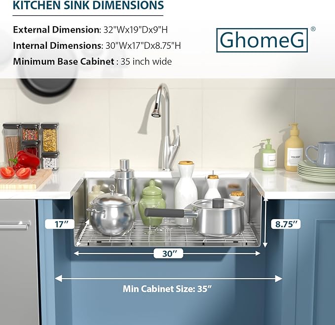32x19 Undermount Kitchen Sink - GhomeG 32 Inch Deep Single Bowl kitchen sink 16 Gauge Stainless Steel Under Counter Kitchen Sink Basin With R10 Round Corners