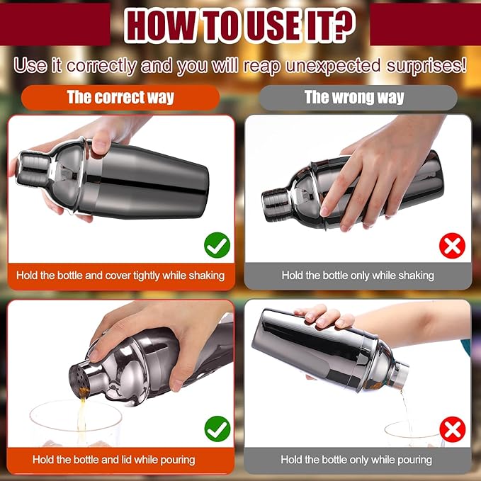 Nitial 6 Pcs Bar Cocktail Shaker Professional Stainless Steel Martini Drink Mixer Built-in Strainer for Bartending No Leaks Shaker for Bar Party Drink Mixer(Black,11.8 oz)