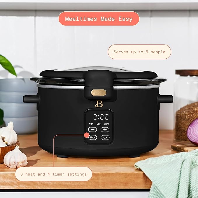 Beautiful 4-Qt Programmable Slow Cooker with Hinged Locking Lid & Touch Display – 3 Heat / 4 Timer Settings (Black Sesame)