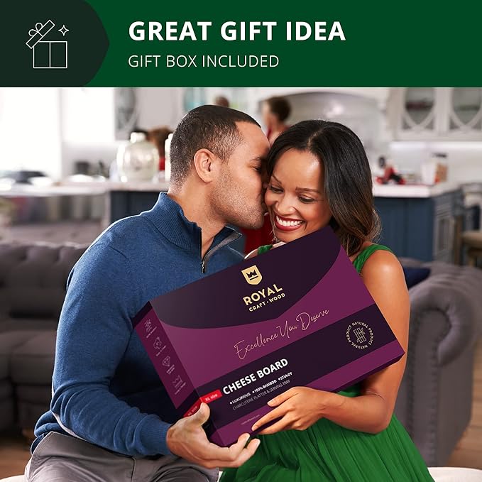 ROYAL CRAFT WOOD Bamboo Cheese Board and Knife Set with Charcuterie Board & Serving Tray with 4 Stainless Steel Knife & Thick Wooden Server with Bowls and Serveware Accessories