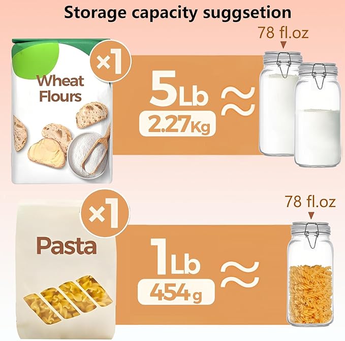 Airtight Glass Canister with Lids 78oz Food Storage Jar Square - Storage Container with Clear Preserving Seal Wire Clip Fastening for Kitchen Canning Flour, Cereal, Pasta, Sugar, Beans