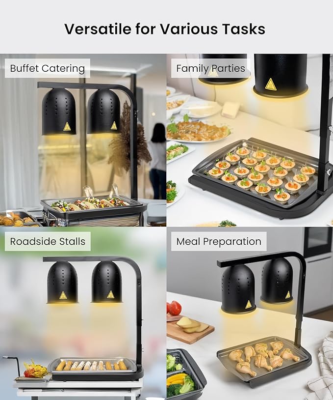 SYBO DL2112 Commercial Grade Food Heat Lamp, Portable Electric Food Warmer, 2-Bulb 500W with Free-Standing, Black