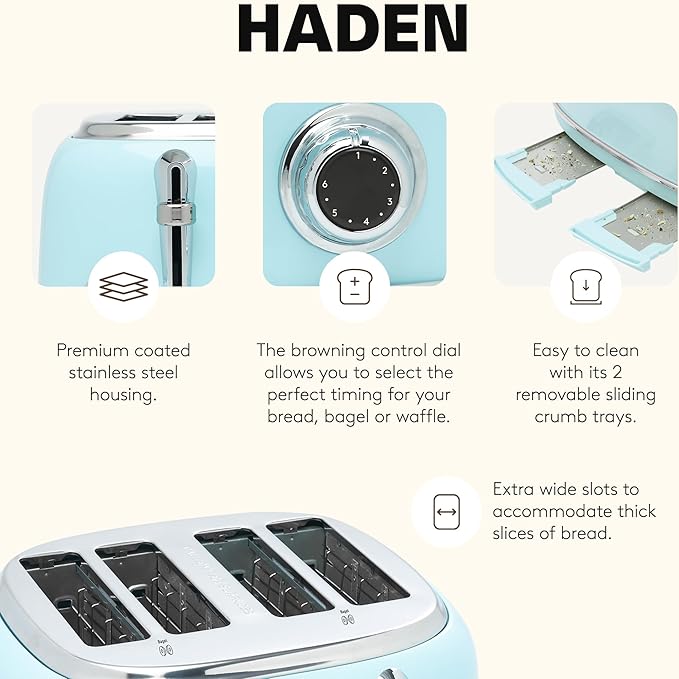 Haden Heritage 4 Slice Wide Slot Stainless Steel Toaster with Adjustable Browning Control & Non-Slip Feet, Turquoise & Chrome