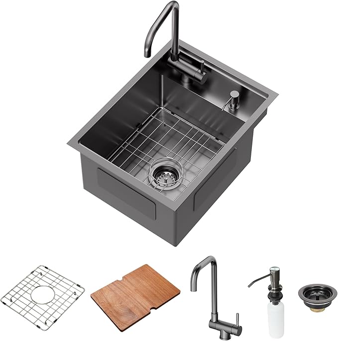 15x20 Inch Black Hidden Concealed Undermount Bar Sink with Folding Faucet, Hausinluck Stainless Steel Workstation Bar Outdoor RV Sink, 16 Gauge Small Bar Single Bowl Sink for Wet Bar Prep