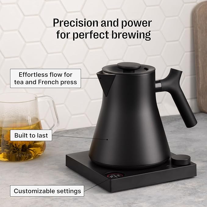 Fellow Corvo EKG Pro Electric Tea Kettle - Quick Heating, Precise Temperature Control Electric Kettle, Scheduling, Built-in Brew Timer for Boiling Water - Stone Blue with Walnut Handle - 0.9 Liter