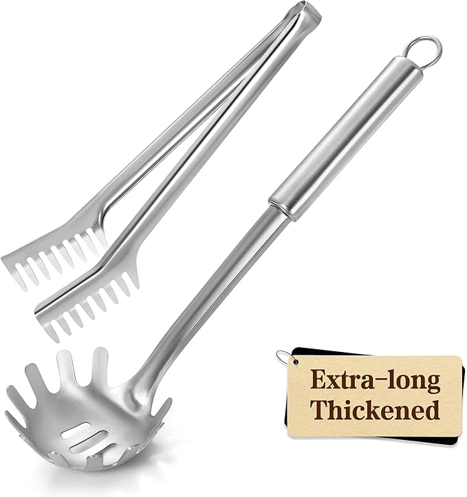 Pleafind Spaghetti Spoon and Spaghetti Tong - 12 Inch Extra-thick, Non-Stick Spaghetti Fork and Kitchen Tong, Easy Storage and Dishwasher Safe Utensils for Cooking, Ergonomic Design