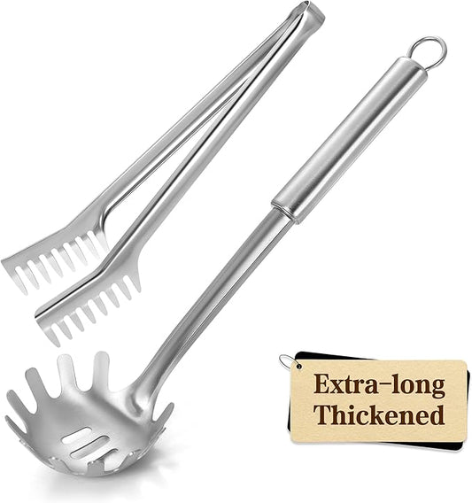 Pleafind Spaghetti Spoon and Spaghetti Tong - 12 Inch Extra-thick, Non-Stick Spaghetti Fork and Kitchen Tong, Easy Storage and Dishwasher Safe Utensils for Cooking, Ergonomic Design