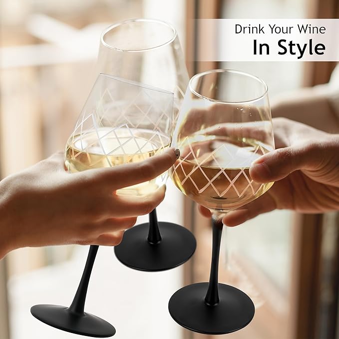 MIAMIO Premium Crystal Wine Glasses, Set of 4 with Black Long Stem, Unique Crystaluna Collection