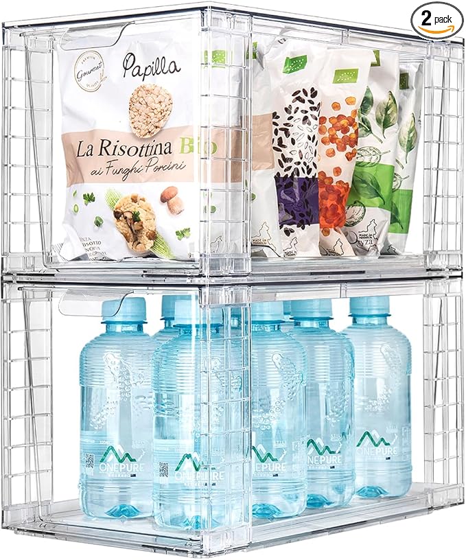 2Pack Large Stackable Kitchen Storage Drawers, Clear Foods Organizer Bins with Handles, Easily Assemble for Bathroom, Kitchen, Pantry, Cabinet, Closet(XL-UP Handle)