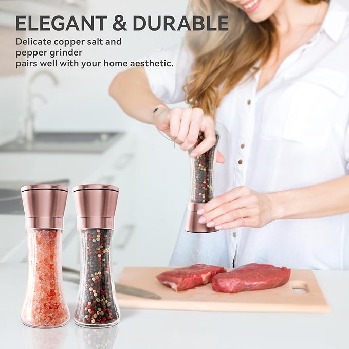 Salt and Pepper Grinder Set – 2-Pack Copper Stainless Steel Manual Mill with Adjustable Coarseness, Clear Glass Body & Ceramic Rotor