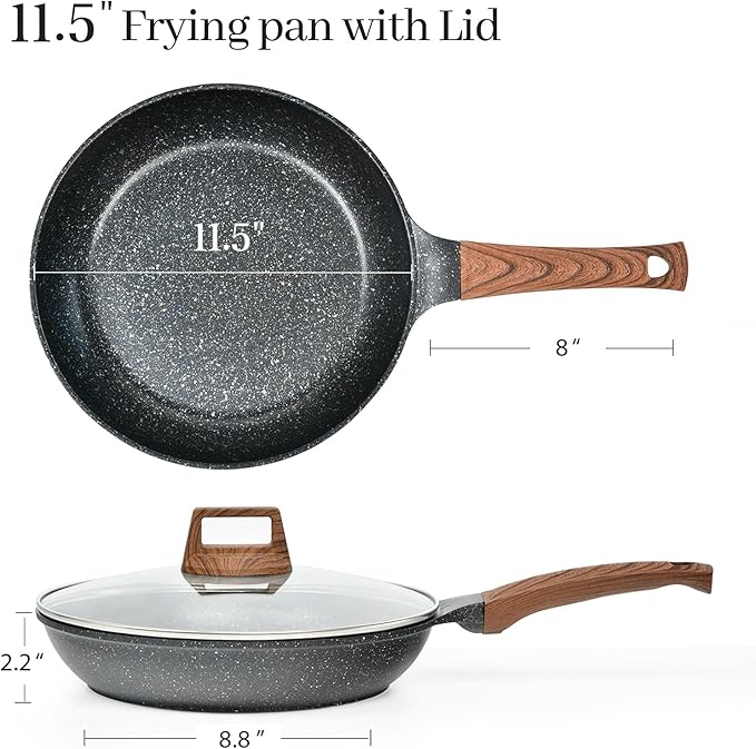 Nonstick Frying Pans Set with Lid, 10 In 11.5 In Aluminum Granite Coating Chef's Pan, Non Stick Flat Skillet Set with Glass Cover, Cookware Set Suitable for Gas Stove, Induction Glass Top