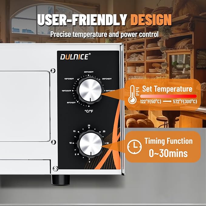 Electric Pizza Oven, 12" Countertop Pizza Oven Indoor with 30 Minute Timer, Stainless Steel Pizza Oven with Handle, Removable Pizza Tray, Commercial Pizza Maker for Restaurant, Home Party