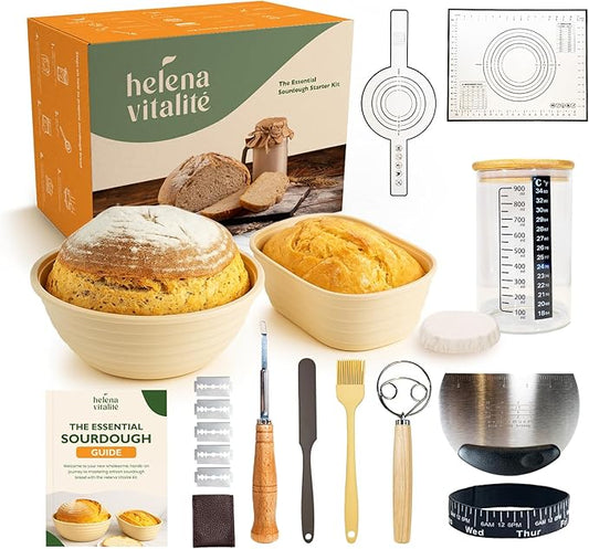 Sourdough Starter Kit – Bread Baking Set with 10" Oval & 9" Round Silicone Bannetons,1000ml Starter Jar, Bread Lame, Danish Whisk, Pastry Mat,Sling, Fermentation Kit, Gift for Bakers, Moms & Wives