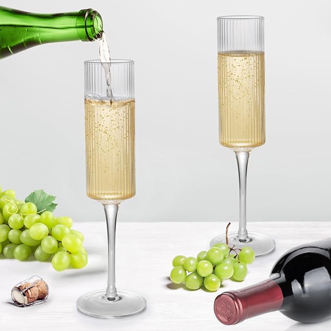 Topsky Ribbed Champagne Flutes, Set of 4, 8 oz Crystal Vintage Ridged Design, Clear Mimosa or Wedding Toasting Glasses
