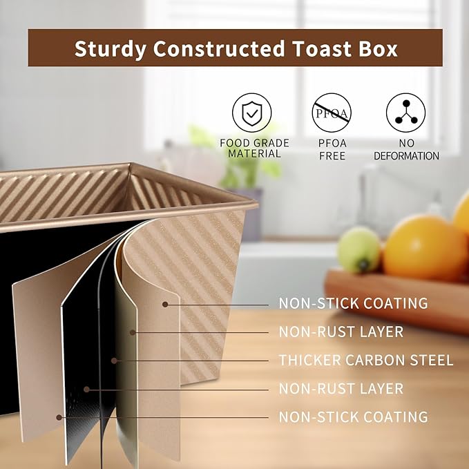 Pullman Loaf Pan with Lid, Pullman Loaf Pan 2.2 LB/1 LB, 2 Pack Nonstick Sandwich Bread Pan, for Bread, Sandwiches, and Toast, Golden, Deep Side and Corrugated