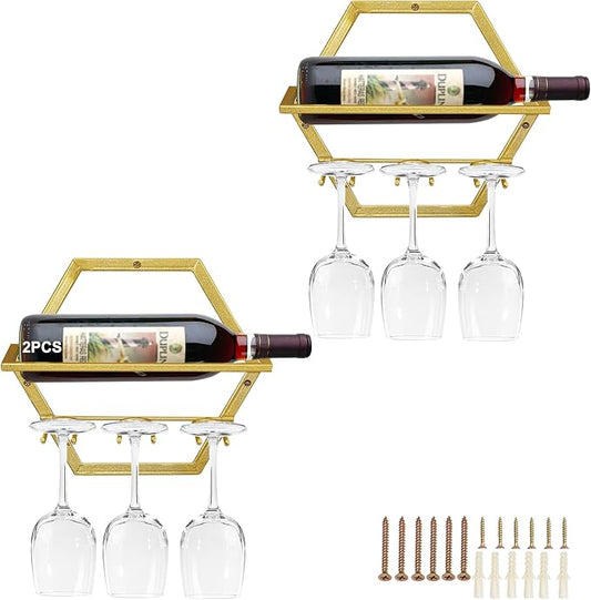 2Pcs Wall Mounted Wine Bottle Stemware Rack, Metal Hanging Wine Display Holder with 3 Stemware Glass Organizer, Red Wine Racks for Home Kitchen Bar Decor (Gold)