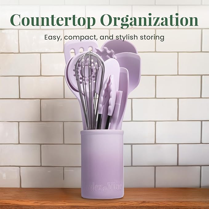 Larder & Vine 12-Piece Silicone Kitchen Cooking Utensils Set with Stainless Steel Handle and Ceramic Holder, Dishwasher Safe Set of Kitchen Essentials (Lavender)