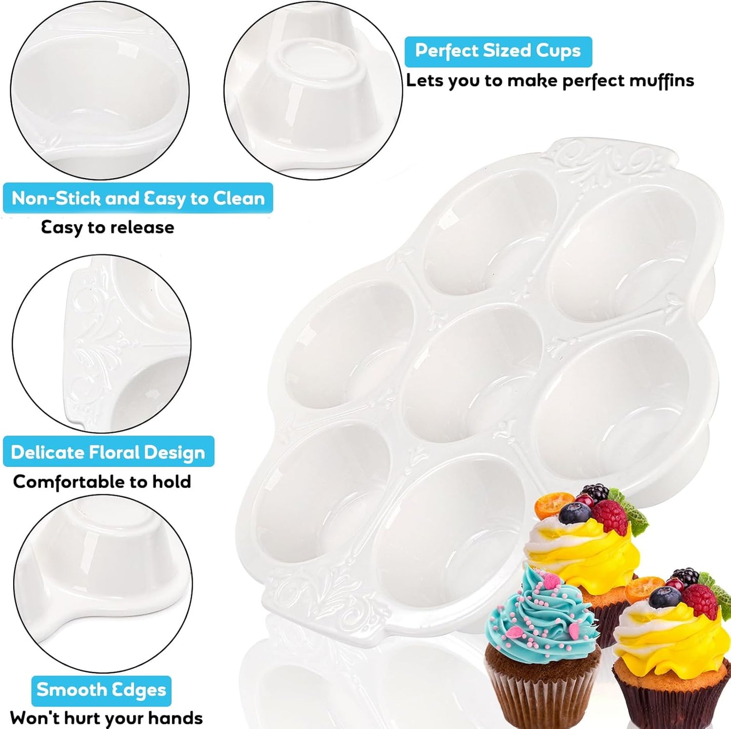 Youeon 2 Pack Ceramic Muffin Pans 7 Cups, Nonstick White Floral Cupcake Baking Pan with Handle, Muffin Tins for Muffins, Cupcakes, Tarts, Mini Cheesecakes, Oven and Dishwasher Safe