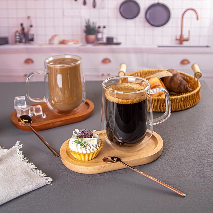 Double Walled Glass Coffee Mugs 16 OZ, Borosilicate Glass Coffee Cups Set of 2 with Spoons, Insulated Clear Coffee Mug for Hot Beverages, Cappuccino, Latte, Tea Bag.