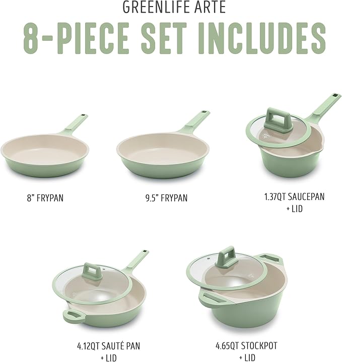 GreenLife 8 Piece Ceramic Nonstick Cookware Set, Induction Suitable Non Toxic PFAS-Free Pots & Pans, Dishwasher Safe, Cooking Set, Stock Pot, Saucepans & Frying Pans, Kitchen Cooking, Sage Green