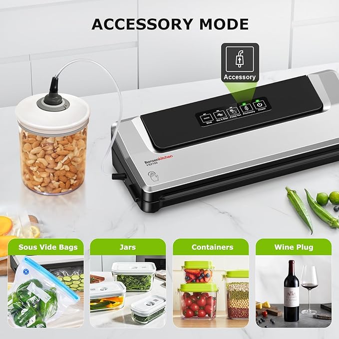 Bonsenkitchen Vacuum Sealer Machine + Mason Jar Sealer Kit, Fast-Compact/Multi-Functional Food Vacuum Sealer with External Vacuum System & 40 Vacuum Bags, Silver