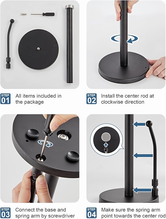 SMARTAKE Paper Towel Holder, Paper Towel Dispenser Standing Weighted Base Non Slip, Spring Arm Fit Most Size Paper Roll, Stainless Steel Paper Towel Holder for Home Kitchen Countertop Tabletop, Black