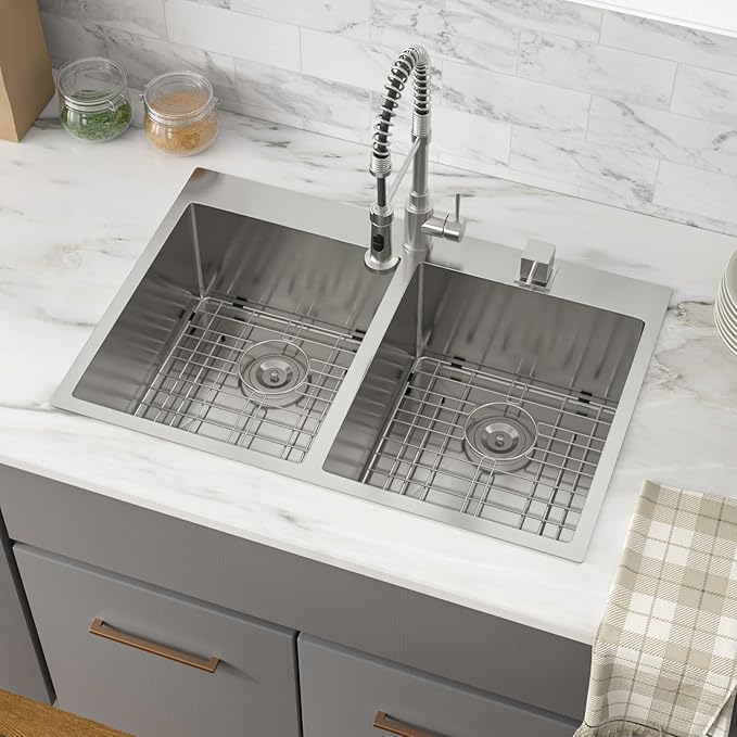 33 Inch Double Bowl Kichen Sink - Funmier 33" x 22" Drop In Stainless Steel Double Bowl Kitchen Sink 50/50 16 Gauge Handmade Deep Basin