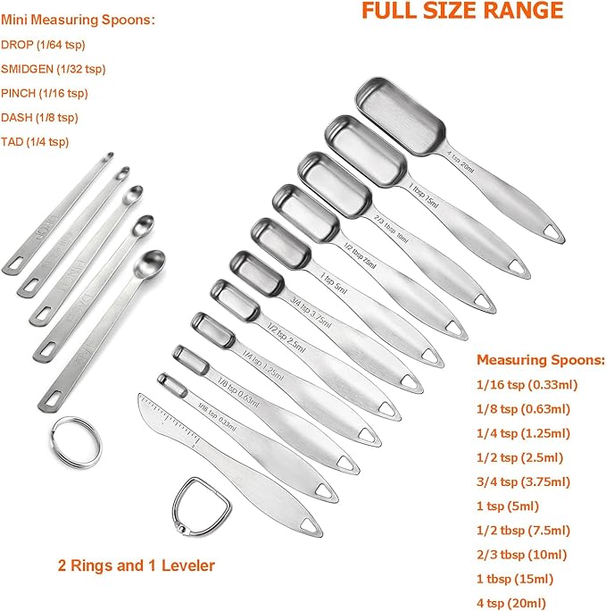 18/8 Stainless Steel Measuring Spoons Set of 16 Pieces, Includes 10 Narrow, 1 Leveler and 5 Mini Spoons