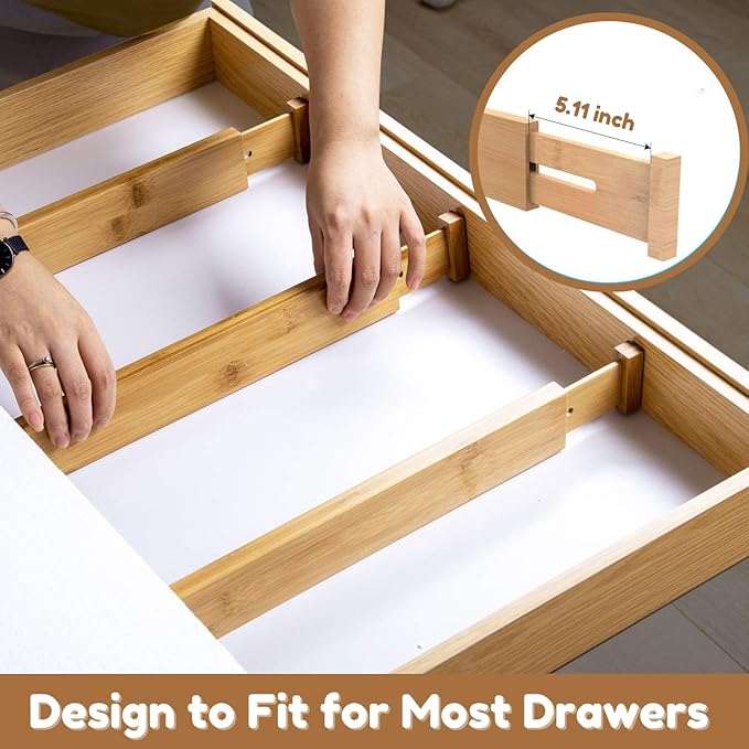 6 pcs Bamboo Kitchen Drawer Dividers Large, Adjustable Drawer Organizers, Spring Loaded, Works in Kitchen, Dresser, Bathroom, Bedroom, Drawer, Desk divider