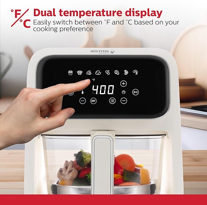 Holstein Housewares 4.2 QT Digital Air Fryer with Glass Basket, With Hot Air Technology, Up to 400° & Non -Stick Frying Pan for Less Oil Use. Air Fry, Bake, Grill, Dehydrate & Roast Healthy Meals