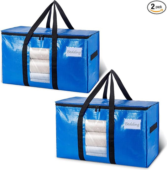 TAILI Extra Large Moving Bags, 2 Pack Blue Heavy Duty Totes for Storage with Visible Window, Wrap Around Handles, Storage Bags for Space Saving, Alternative to Moving Boxes