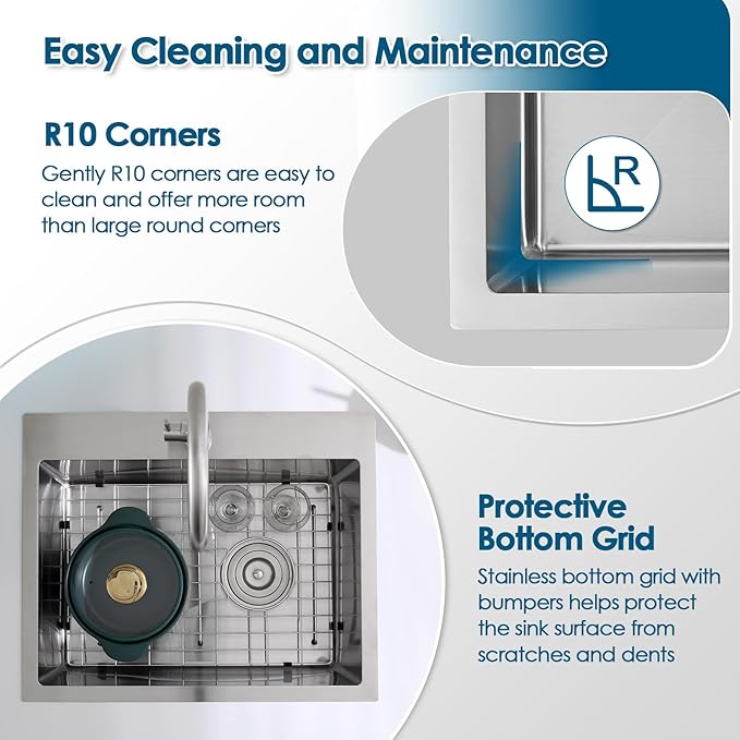 ROVOGO 22x18x9 in. Drop-in Kitchen Sink Single Bowl with 1 Faucet Hole, 304 Stainless Steel Handmade Modern Sink Top Mount with Bottom Grid and Offset Drain, Brushed