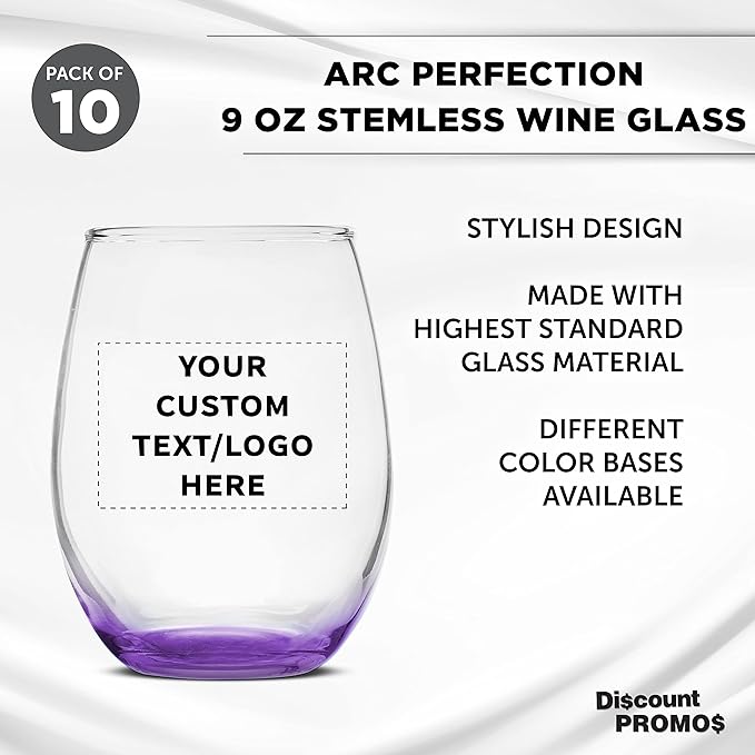 Custom Stemless Wine Glass 9 oz. Set of 10, Personalized Bulk Pack - Great for Wedding Favors, Bachelorette Party Decorations, Party Favors, Color Bottom - Purple