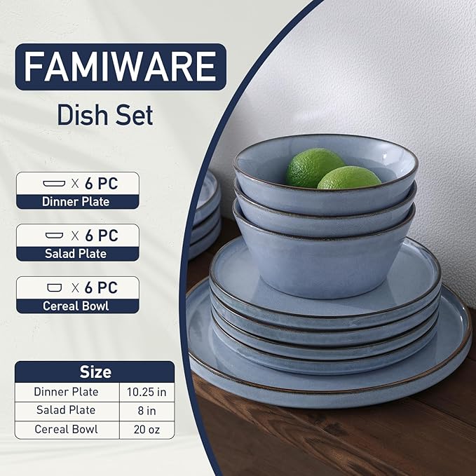 Famiware Annecy Dinner Plates and Bowls Sets, Stoneware Dinnerware Sets, Dishes Set for 6, 18 Pieces Handmade Dishware Set - Microwave & Dishwasher Safe, Double Reactive Glaze Tableware, Reactive Blue