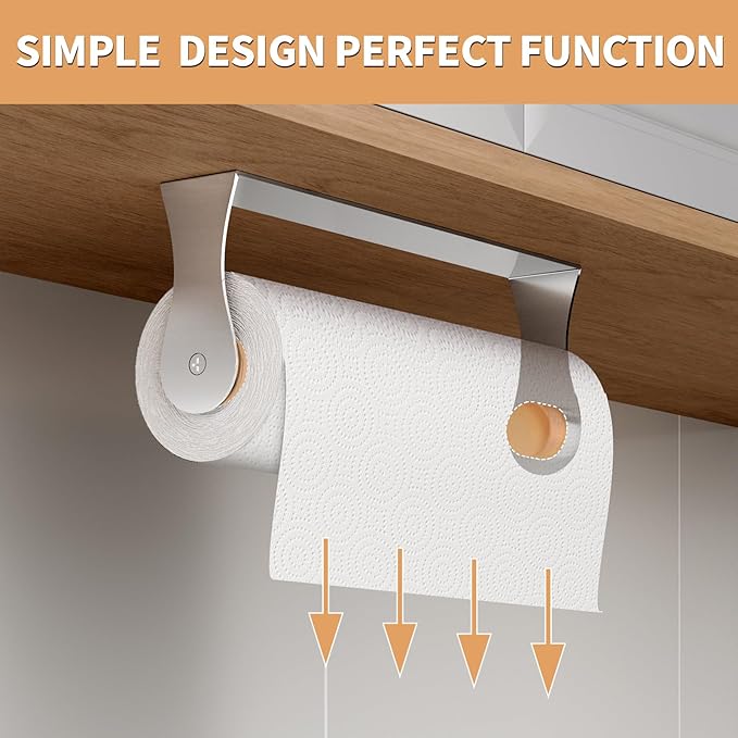 Paper Towel Holder Under Cabinet, Wall Mount Paper Towel Holder for Kitchen Bathroom, Stainless Steel, Adhesive or Screws, Silver