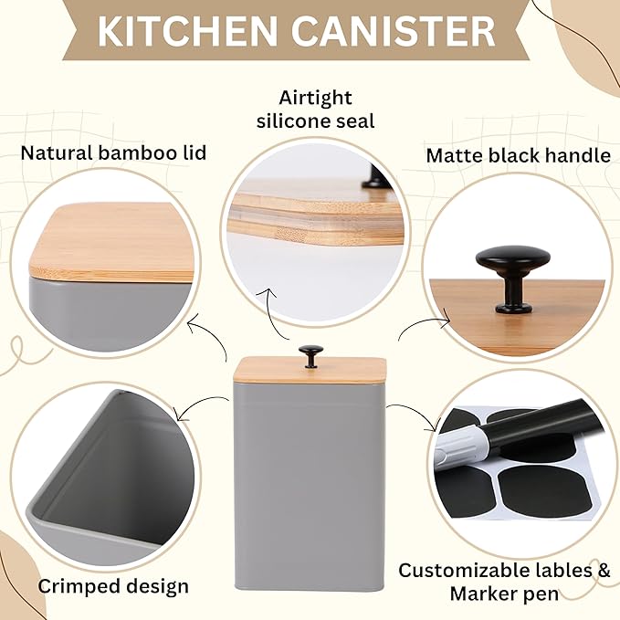 PERFNIQUE Kitchen Canisters, Airtight Canister Sets for Kitchen Counter, Kitchen Canisters for Countertop Set of 4, Coffee Tea Sugar Flour Spice Tin Jars Food Storage Container with Lid(Grey)